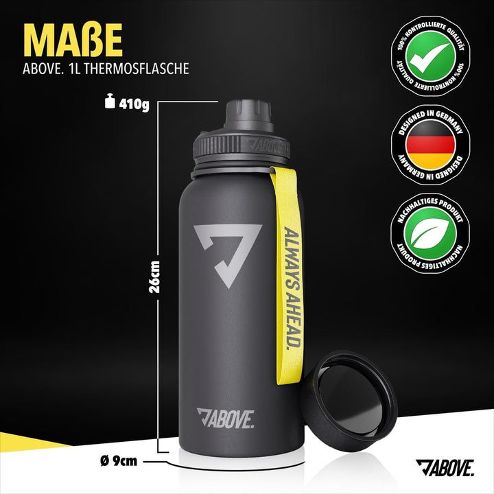 ABOVE. Trinkflasche Edelstahl 1L I Gratis Trinkverschluss I BPA-FREI I Thermosflasche hält bis zu 12