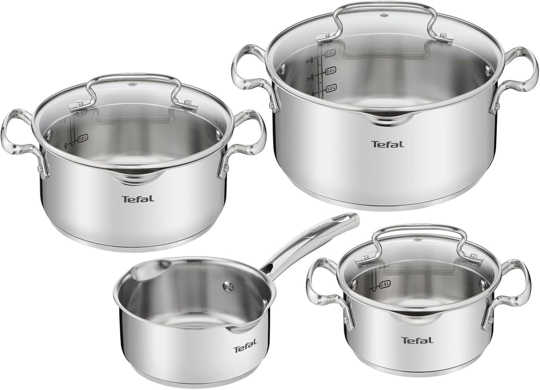 Tefal Duetto + 3 Töpfe 16/20/24 cm, 1 Stielkasserolle 16 cm aus Edelstahl, 3 Glasdeckel, Messmarkier
