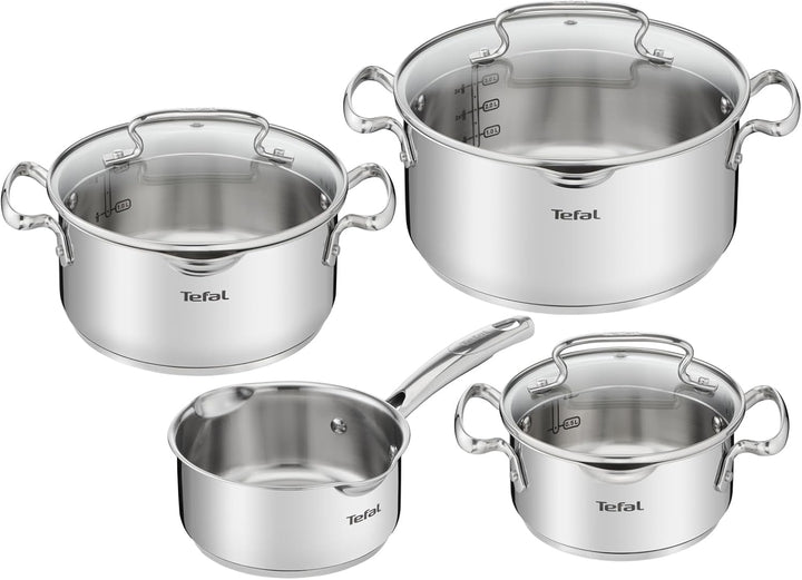 Tefal Duetto + 3 Töpfe 16/20/24 cm, 1 Stielkasserolle 16 cm aus Edelstahl, 3 Glasdeckel, Messmarkier