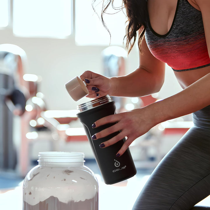 Ideus Shaker Protein Trinkflasche 700ml (24oz)，Doppelwandig Edelstahl Sportflasche mit Skalierlinien