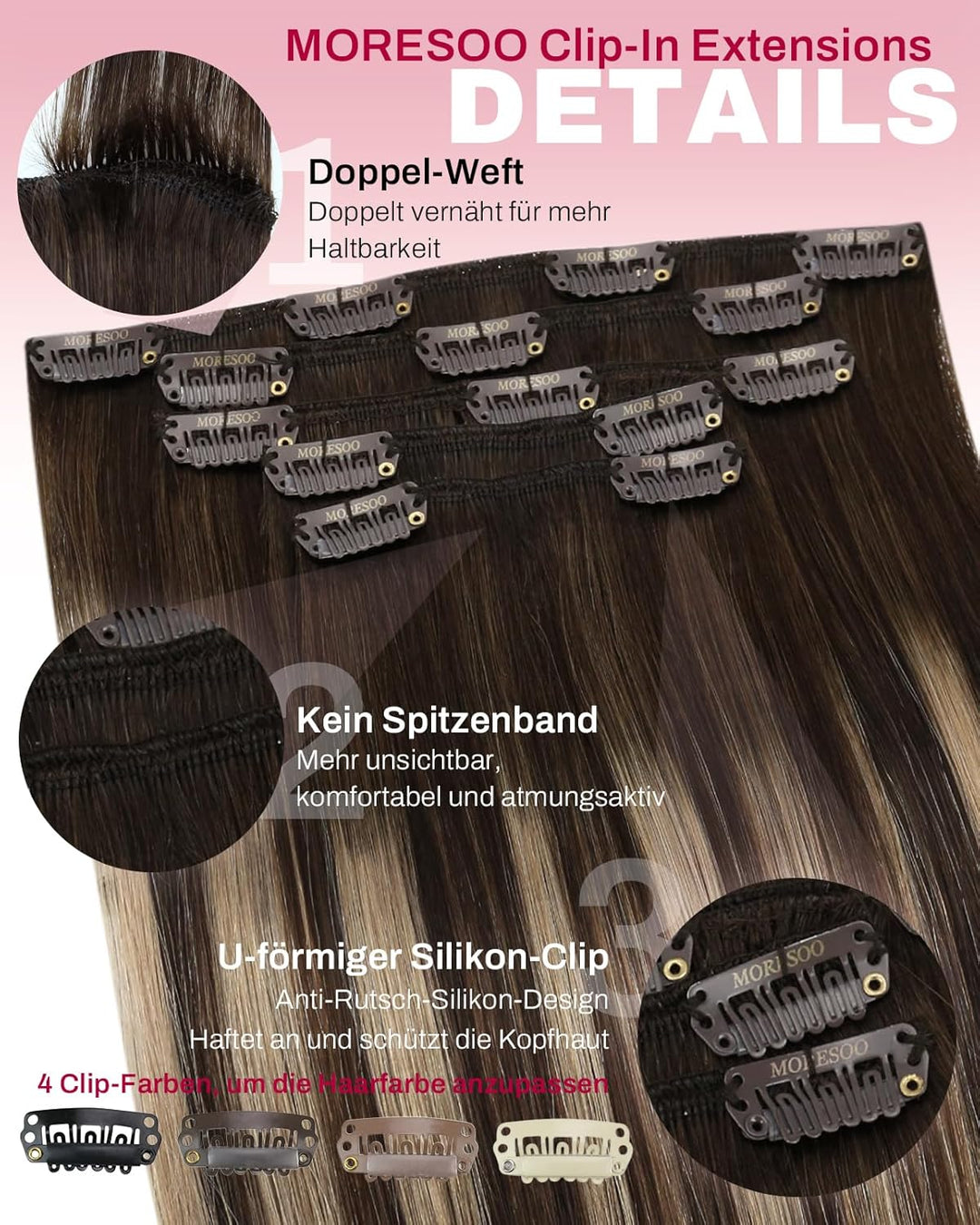 Moresoo Clip in Extensions Balayage Remy Echthaar Extensions Clip Ombre Haarextension Echthaar Clip