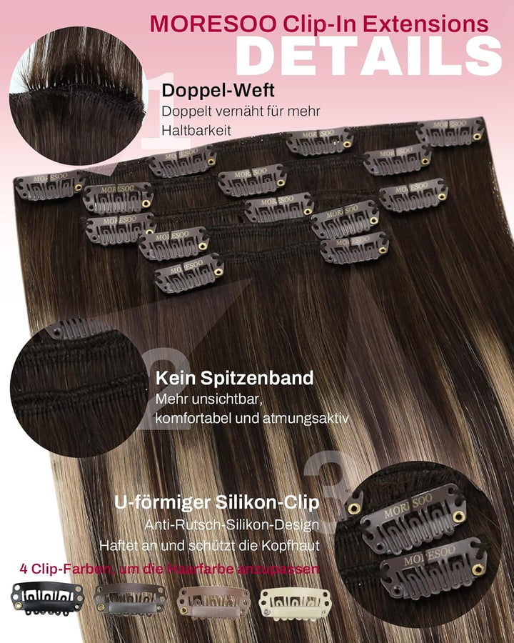 Moresoo Clip in Extensions Balayage Remy Echthaar Extensions Clip Ombre Haarextension Echthaar Clip