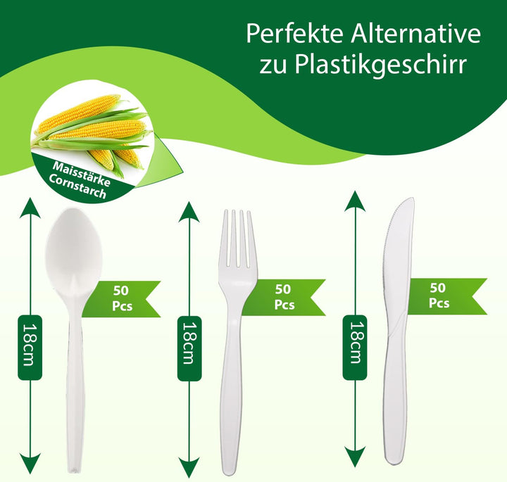 Umweltfreundliche Mehrweg Besteck | 150 Stück (je 50 Kompostierbare Gabel, Messer, Löffel) | Stabile