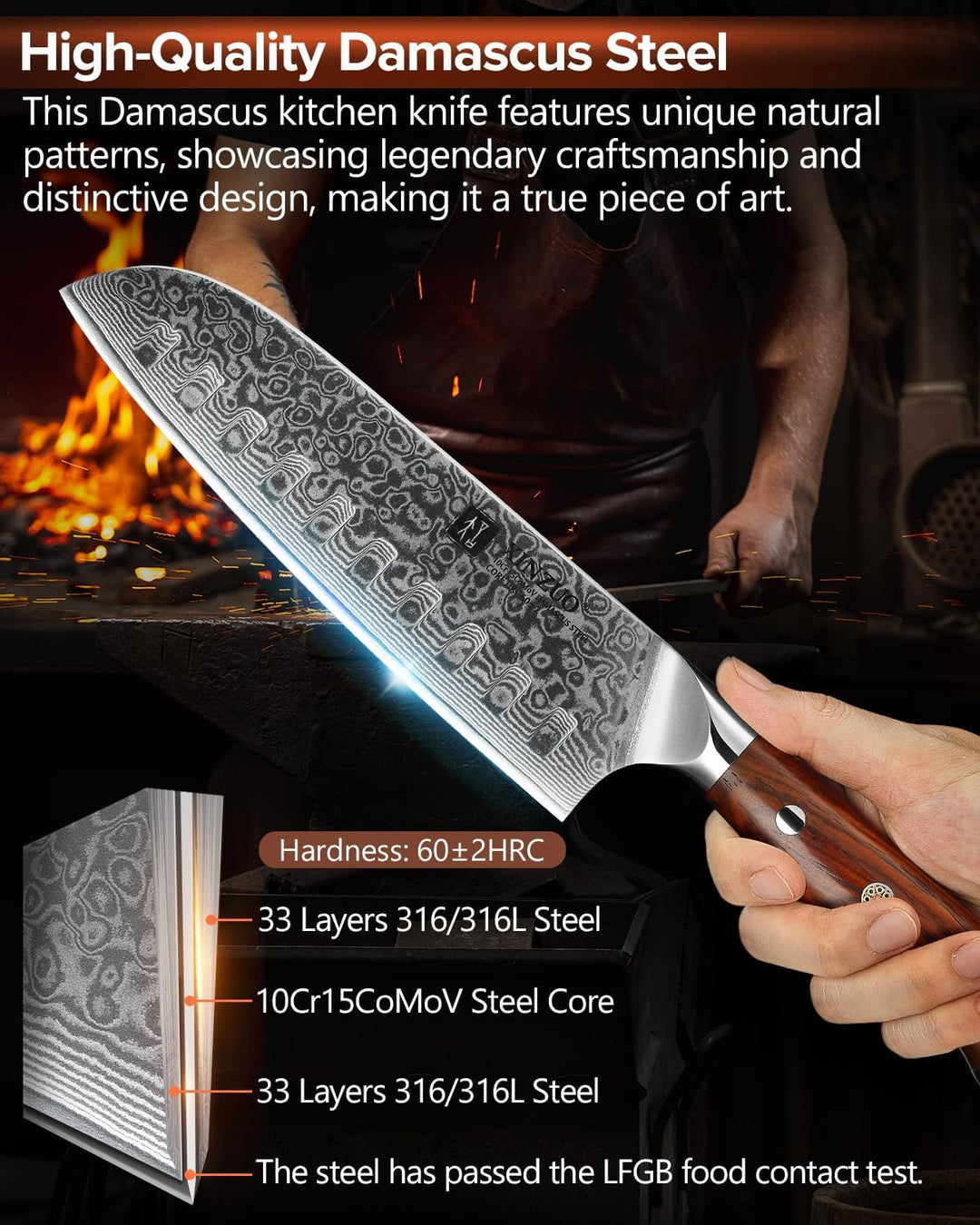 XINZUO 18cm Damaststahl Santokumesser, Damastmesser Chefmesser Profi geschmiedet Kochmesser, Scharfe