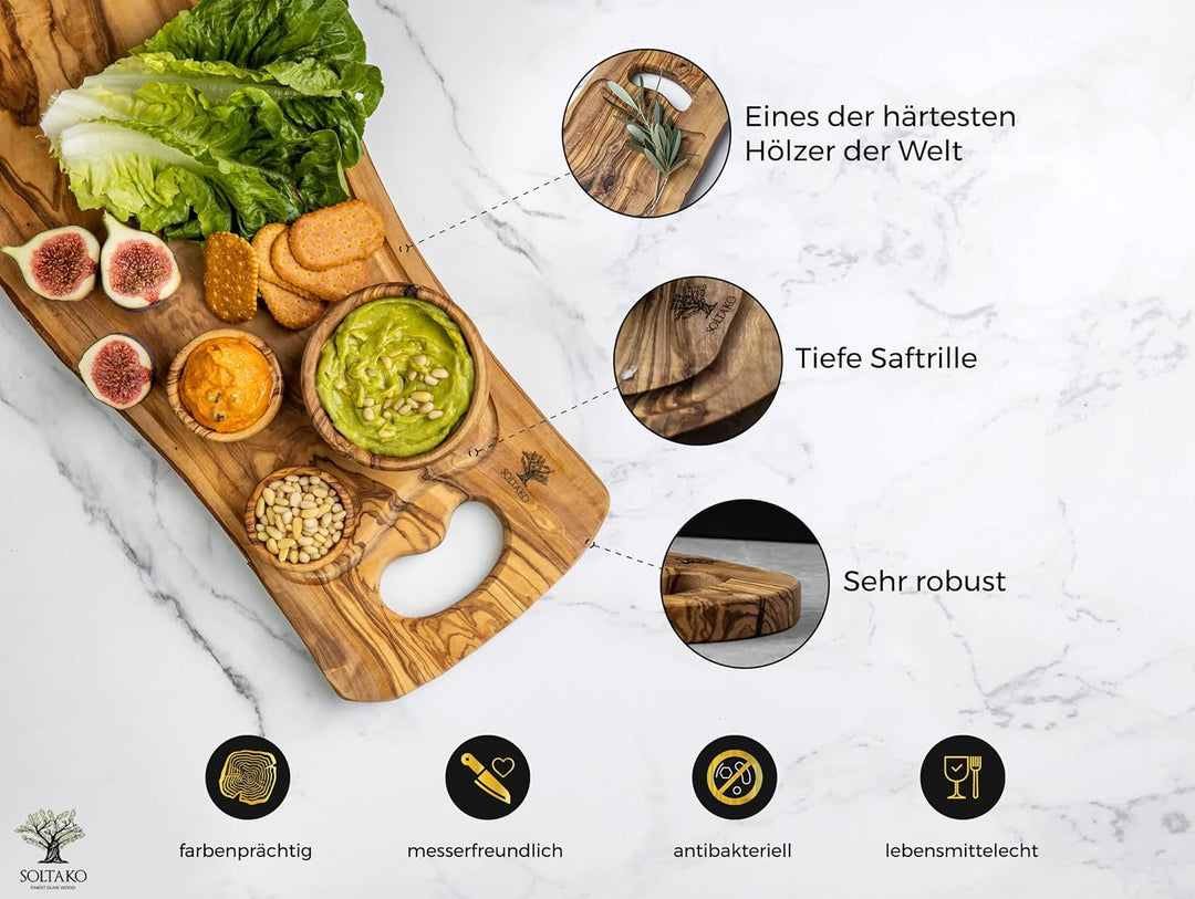 SOLTAKO Olivenholz Schneidebrett, Holzbrett, Servierbrett, Frühstücksbrett, Steakbrett, Brett mit He