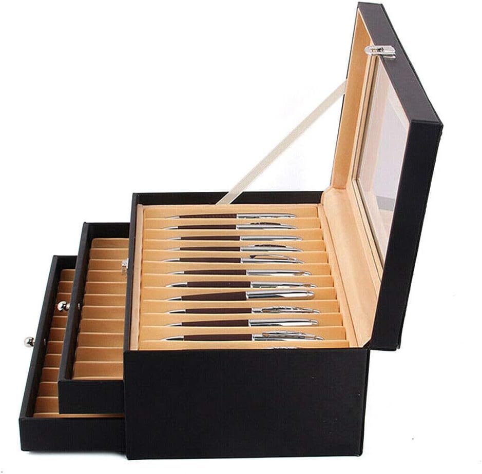 Futchoy Stifte Sammelbox Stifteköcher aus Leder 3 Schichten Stifthalterbox mit mit Glasfenster Holz