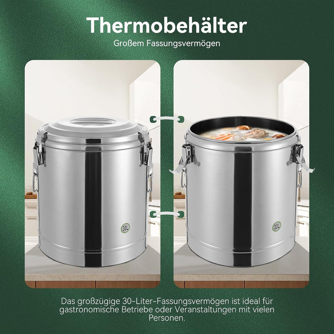 Thermobehälter, 30L Edelstahl Isoliert Eimer, Versiegelter isolierter Suppenbehälter mit Deckel und