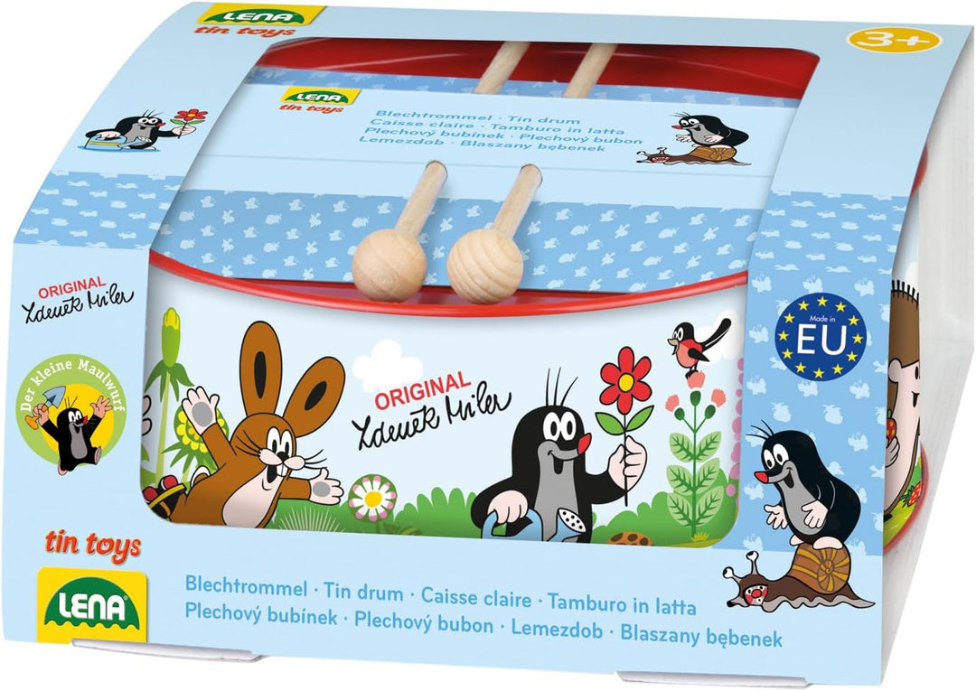 Lena 52606 Blechtrommel Der kleine Maulwurf Ø 20 cm, Kindertrommel aus Blech mit 2 Schlägel, Schlagi