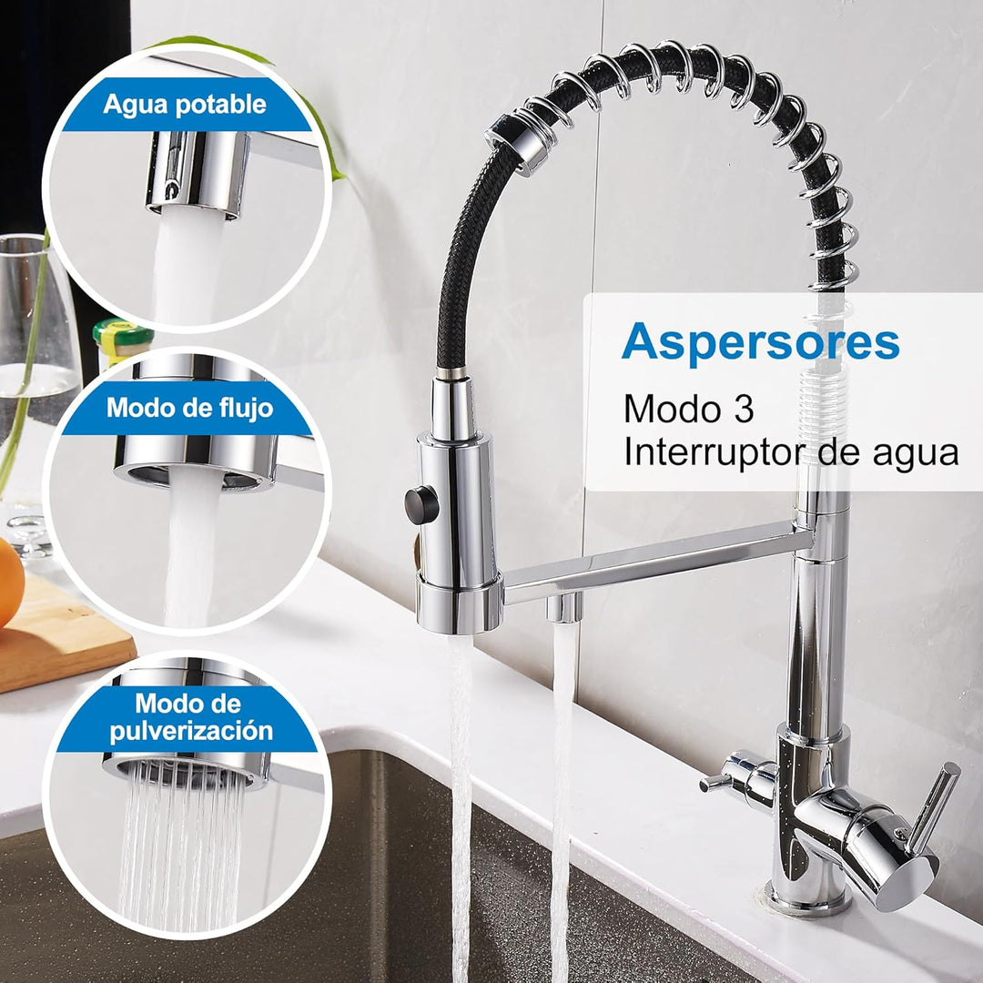 3 Wege Wasserhahn Küche, Ausziehbar Küchenarmatur, Spültischarmatur aus Messing, 3 in 1 Mischbatteri