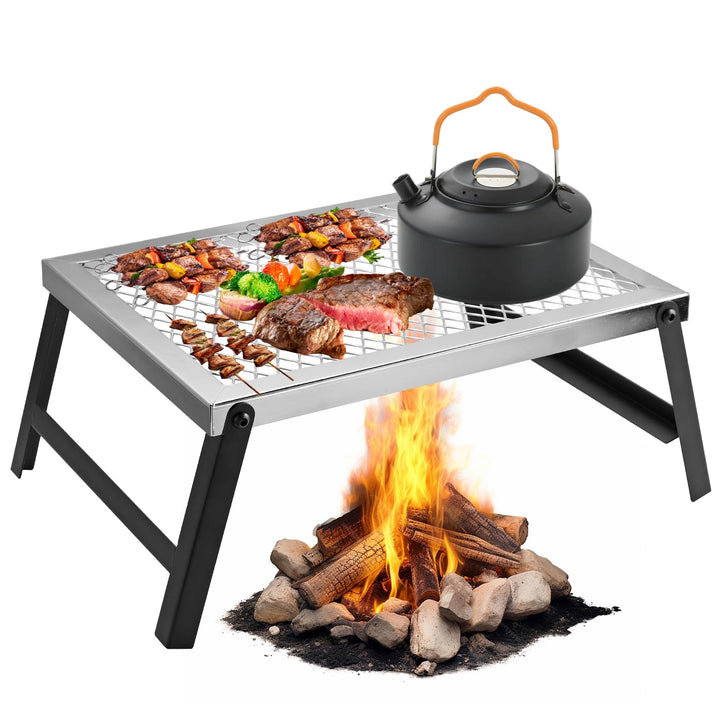 GARLLEN Faltbarer Lagerfeuer-Grill, 40x30cm Campinggrillrost, Tragbarer Edelstahl Grillgitter zum Au
