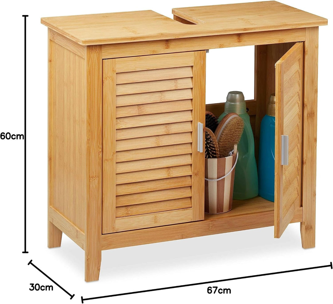 Relaxdays Waschbeckenunterschrank Bambus, HxBxT: 60x67x30 cm, 1 grosses Fach, 2 Türen, magnetisch, B