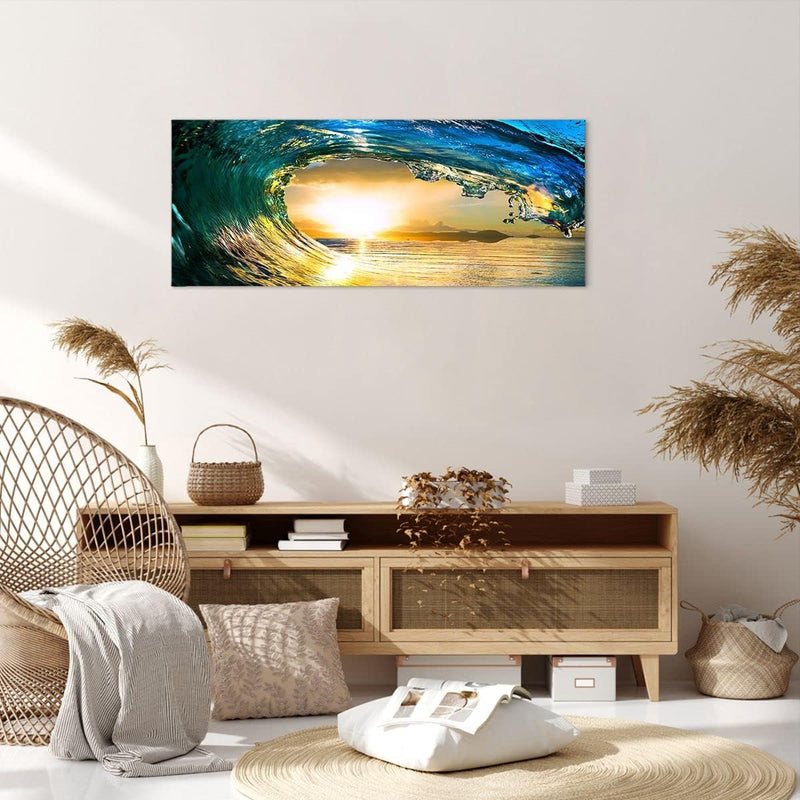 Wandbilder Dekoration Wohnzimmer Ozean Welle Sonne Klima Panorama Bilder auf Leinwand 120x50cm Leinw