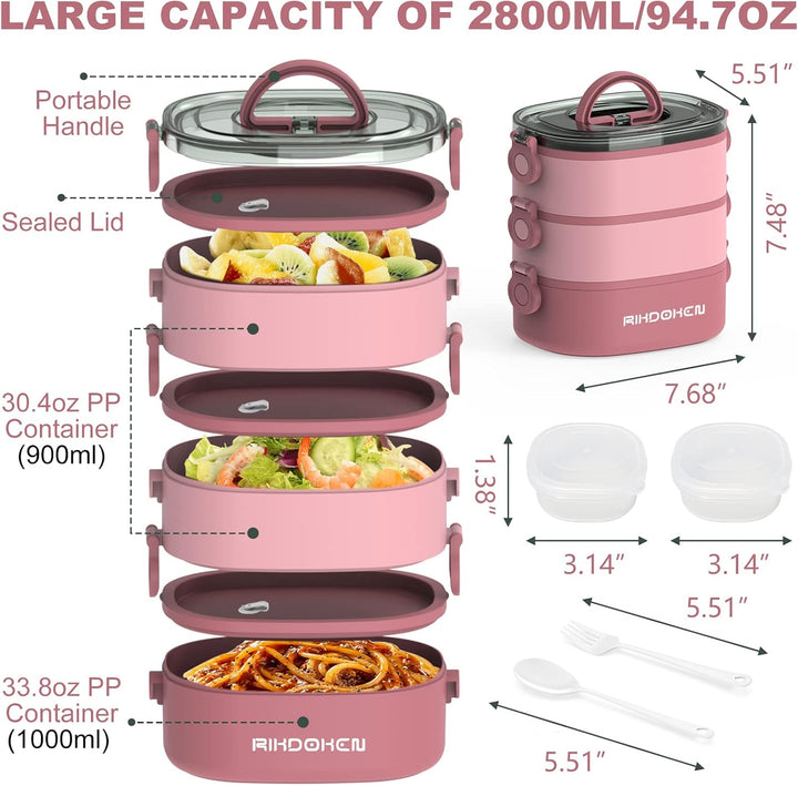 RIKDOKEN Bento Box Lunchbox, stapelbare 3-lagige Behälter, tragbare 2.6 l grosse Kapazität, auslaufs