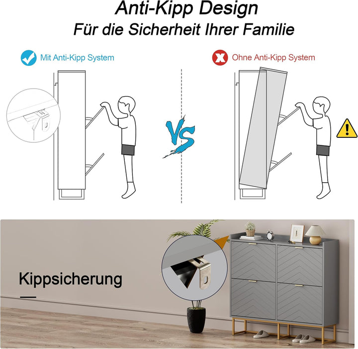 UEV Schuhschrank mit 4 Klappen Schmal,Freistehendes Schuhregal mit Kippschutz, Schuhkommode mit vers
