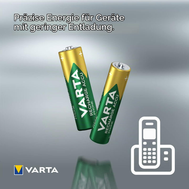 VARTA Batterien AAA, wiederaufladbar, 4 Stück, Recharge Accu Phone, Akku, 800 mAh NI-MH, sofort eins