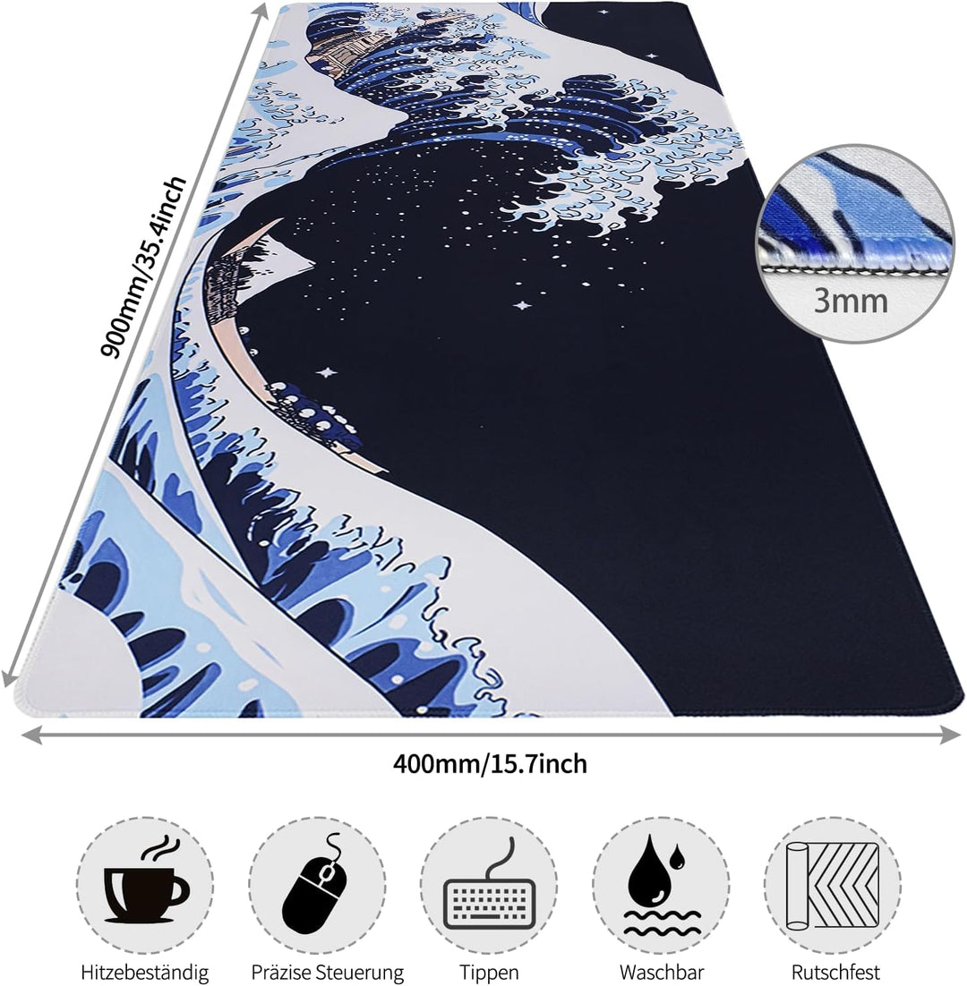 Mousepad,XXL Japanische Kunst Ukiyo-e-Motiv Mauspad,Mount Fuji und Ozeanwellen Dekorative Tischunter