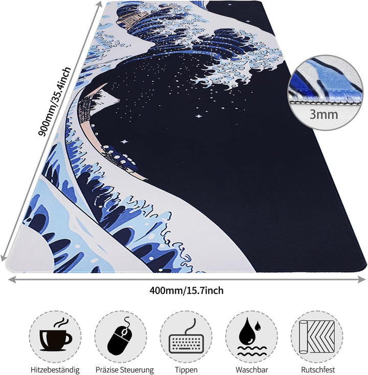 Mousepad,XXL Japanische Kunst Ukiyo-e-Motiv Mauspad,Mount Fuji und Ozeanwellen Dekorative Tischunter