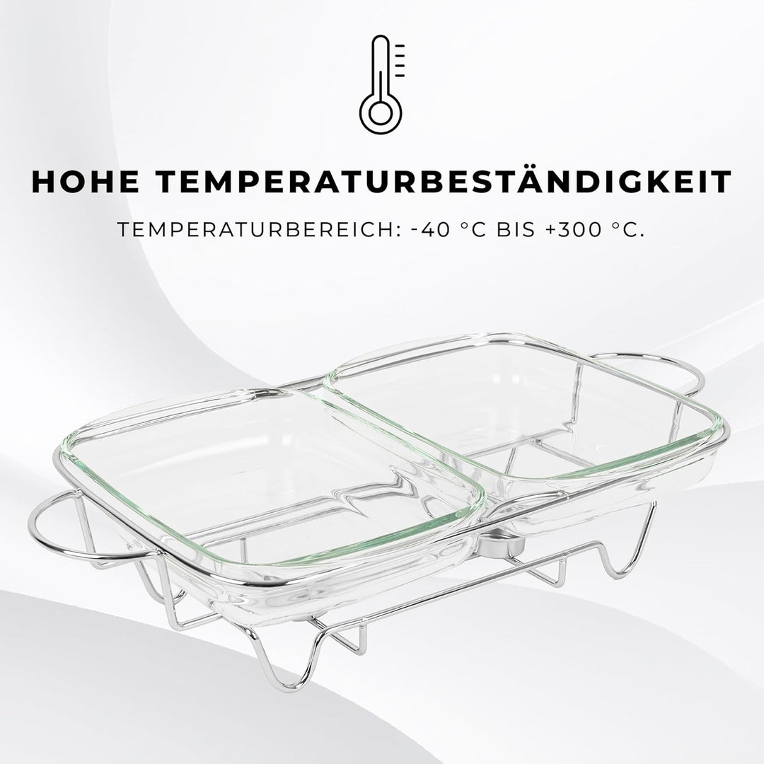 Wärmebehälter für Speisen mit Glaseinsatz - 4L - Teelicht Warmhalteplatte - Edelstahl Gestell und De