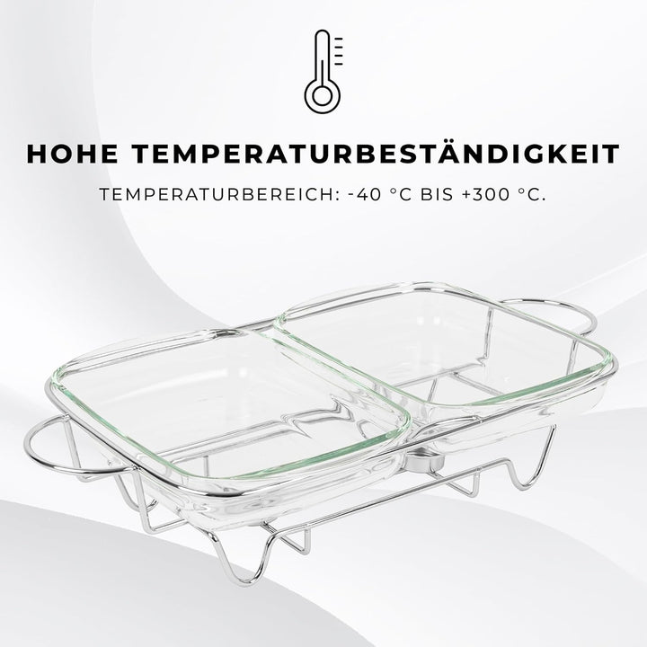 Wärmebehälter für Speisen mit Glaseinsatz - 4L - Teelicht Warmhalteplatte - Edelstahl Gestell und De