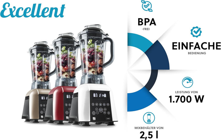 Blender G21 Excellent, Weiss, 1.700 W, 32.000 U/min, BPA-frei, Behälter von 2,5 l, 11 Programme, 4 J