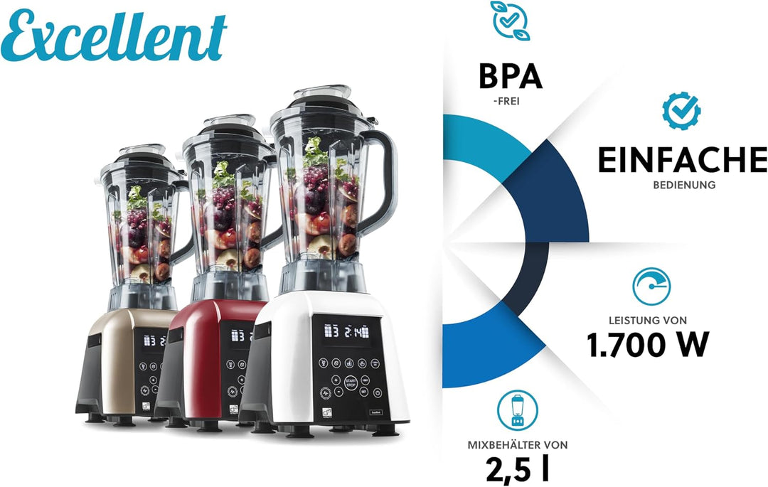 Blender G21 Excellent, Rot, 1.700 W, 32.000 U/min, BPA-frei, Behälter von 2,5 l, 11 Programme, 4 Jah