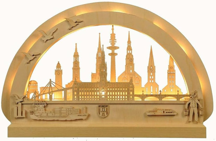 MM Holzkunstgewerbe Schwibbogen Lübeck Original Erzgebirge mit LED Beleuchtung Birkenholz 400x300mm