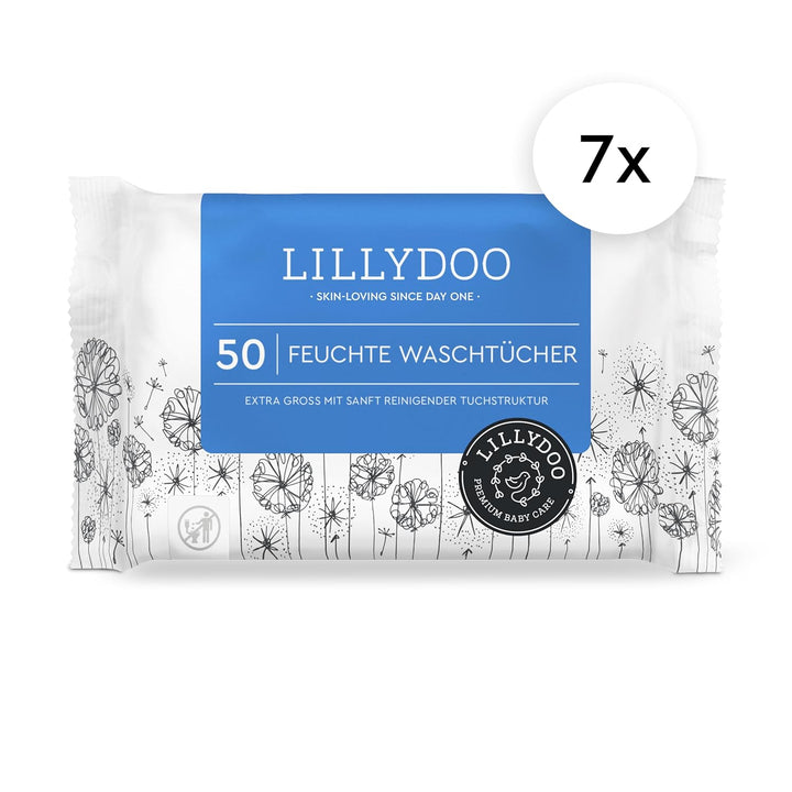 LILLYDOO Feuchte Waschtücher 350 Stück (7 X 50), 100% plastikfrei, extra grosses Tuch, ohne Parfüme