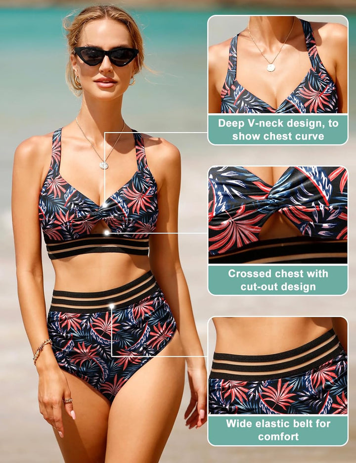 UMIPUBO Bikini Damen Bauchweg, High Waist Push Up Bikini Sets Zurück kreuzen Grosse Brüste Bademode