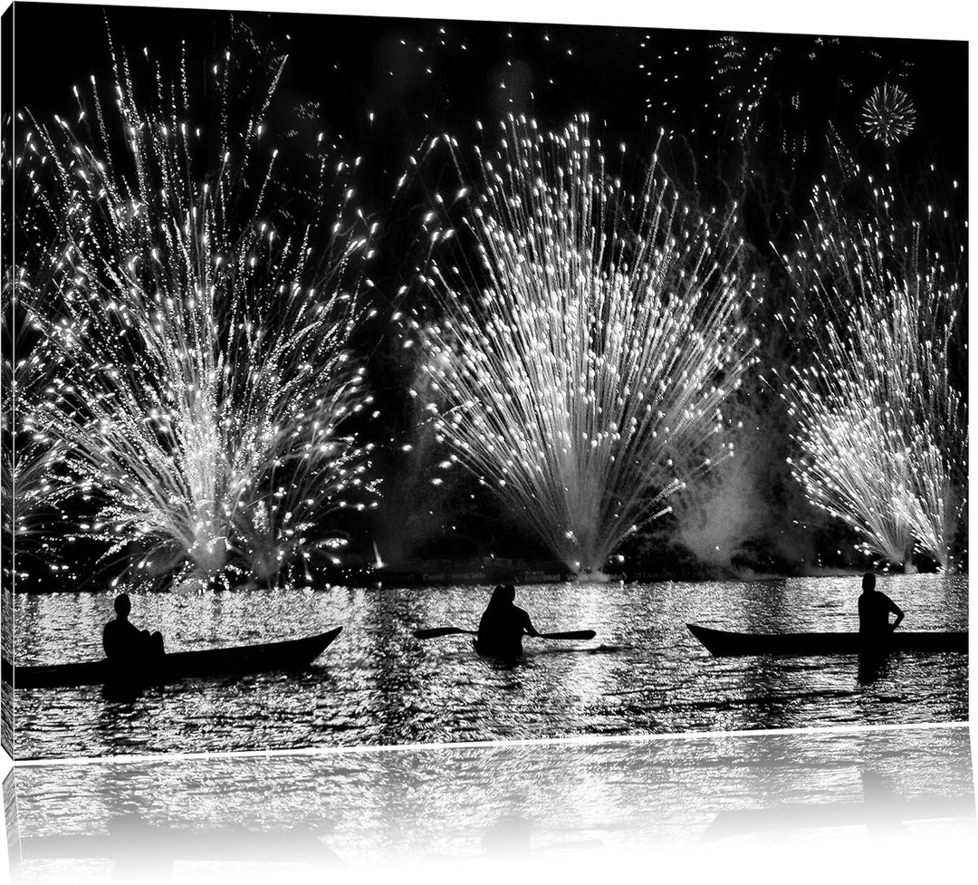 Pixxprint Feuerwerk auf dem Wasser / 100x70cm Leinwandbild bespannt auf Holzrahmen/Wandbild Kunstdru