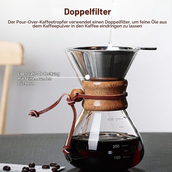 HERCHR Pour Over Kaffeebereiter Hand Kaffee Edelstahl Handfilter Aus Glas Mit Permanentfilter 400ML,