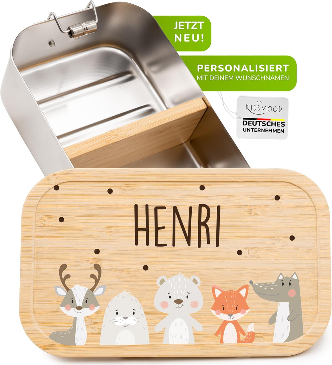 Kidsmood - Personalisierte Brotdose Kinder mit Fächern – Edelstahl Snackbox mit Fächern für Schule &amp;