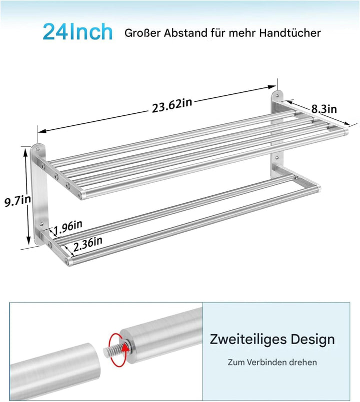 Handtuchhalter für Badezimmer – 61 cm Badetuchregal mit doppelter Handtuchstange, Edelstahl-Handtuch