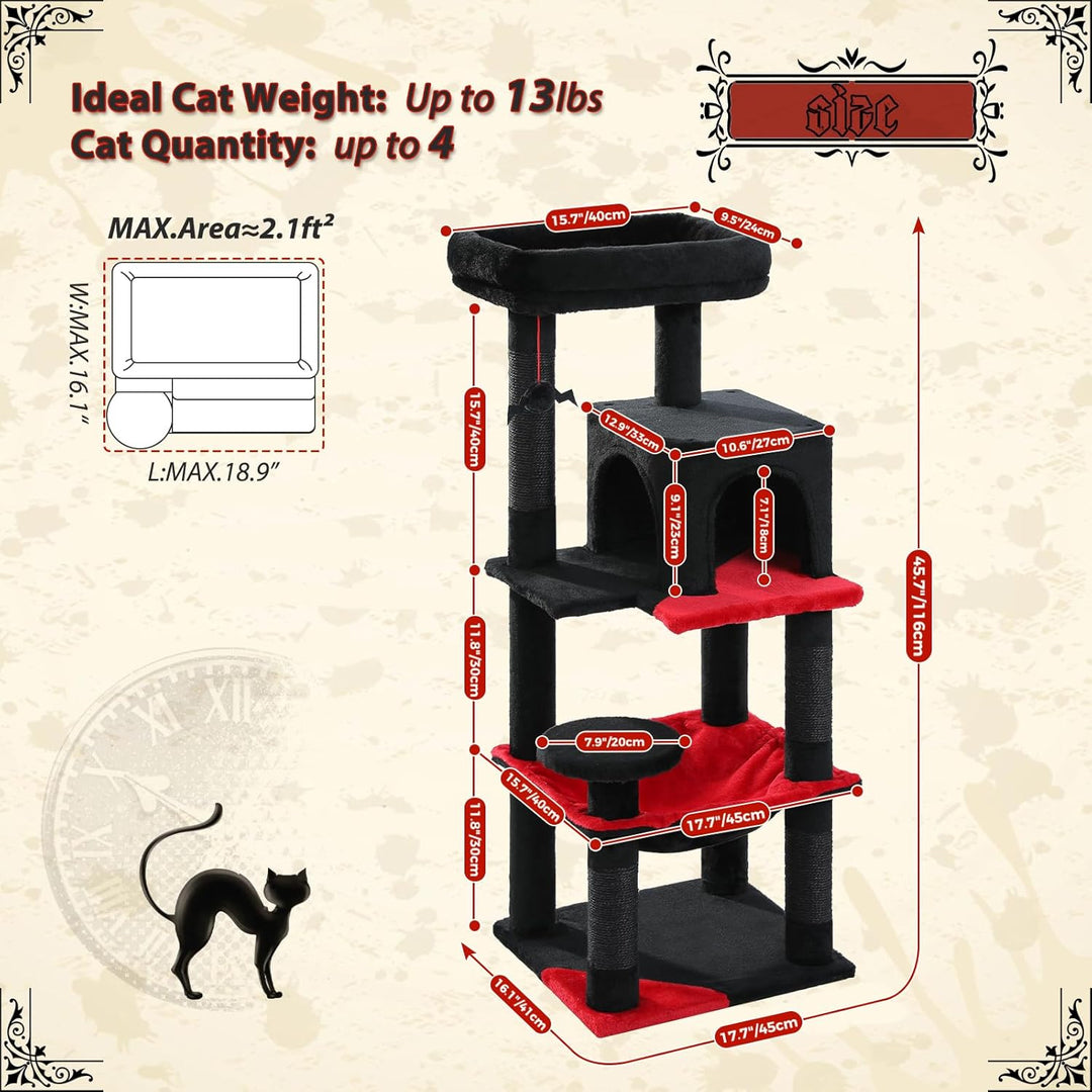 PAWZ Road Katzenbaum 116cm Gothic Halloween Edition, Schwarzer Kratzbaum mit Metall-Plüsch-Hängematt