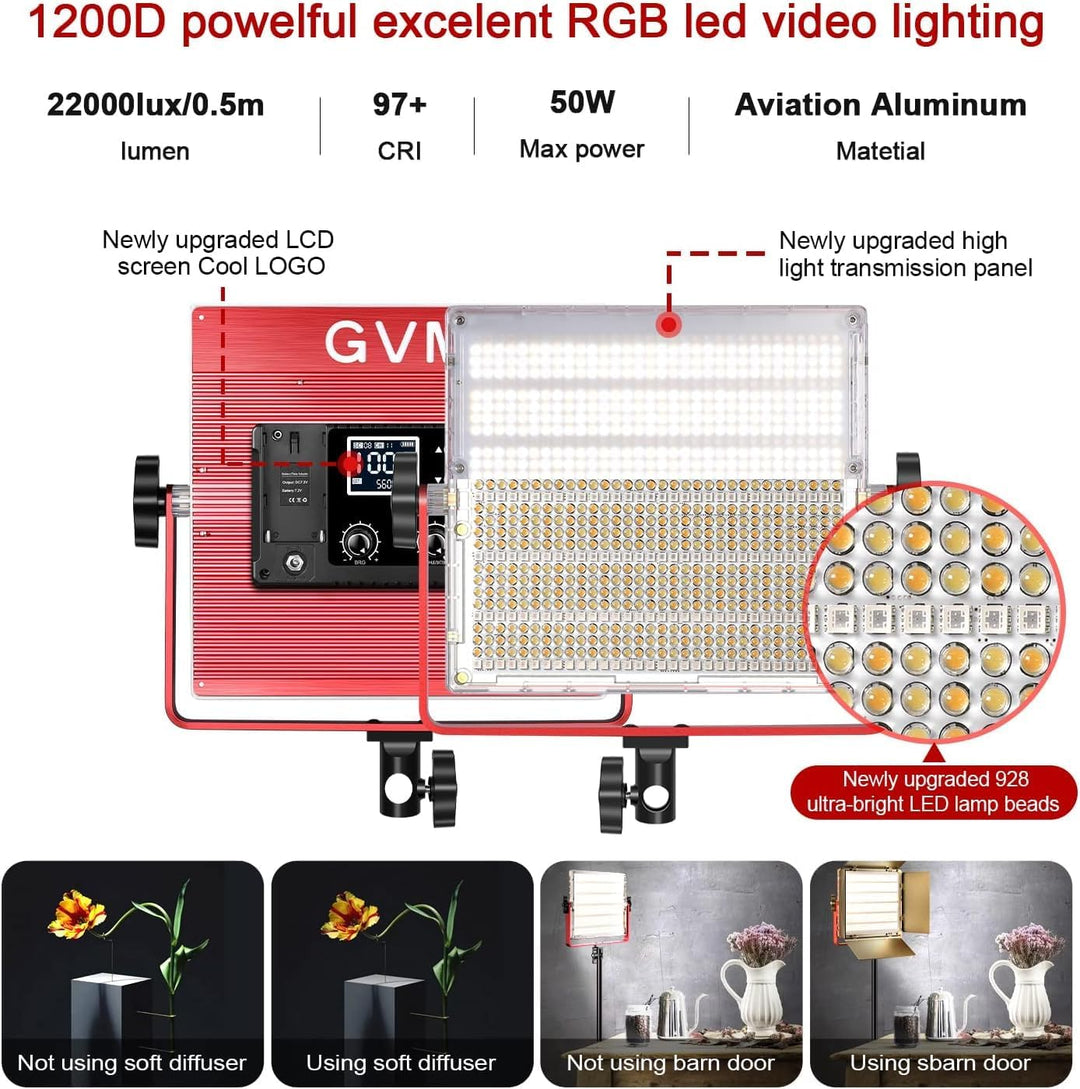 GVM 1200D RGB Videoleuchte Softbox, APP-Steuerung 3200K–5600K LED Videobeleuchtung, 360° Vollfarb LE