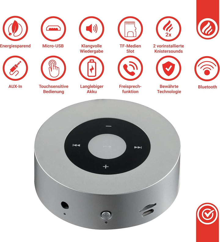 KAMINIO Knister Lautsprecher Moritz - Kraftvolle Soundbox mit Kaminfeuer-Tönen, Bluetooth, AUX, Mikr