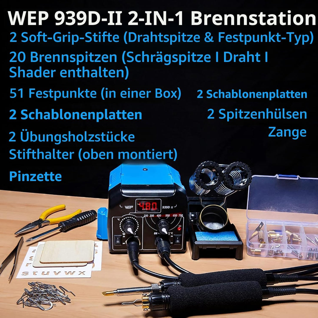 WEP 939D-II 2-in-1 Brandmalkolben Set 86-teilig – Brandmalerei Set mit 51 festen Spitzen & 23 Drahts