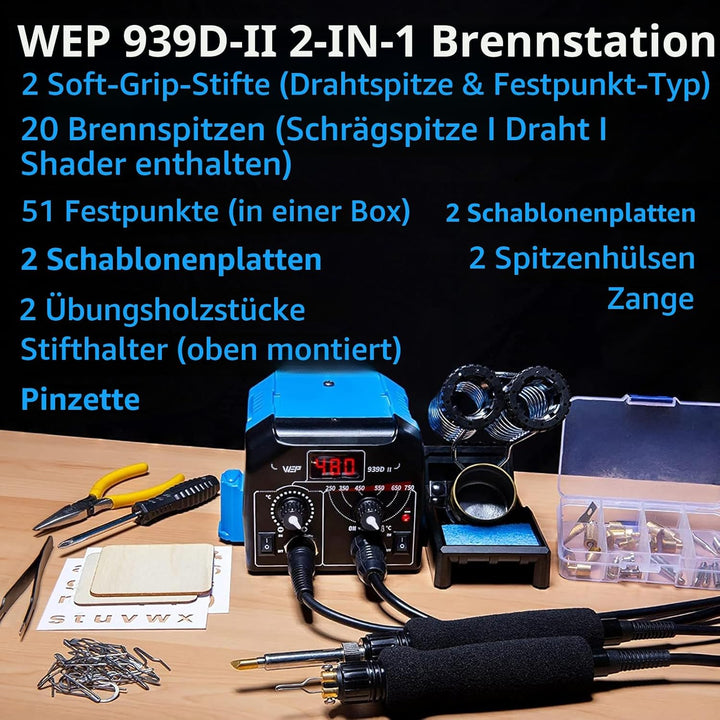 WEP 939D-II 2-in-1 Brandmalkolben Set 86-teilig – Brandmalerei Set mit 51 festen Spitzen & 23 Drahts