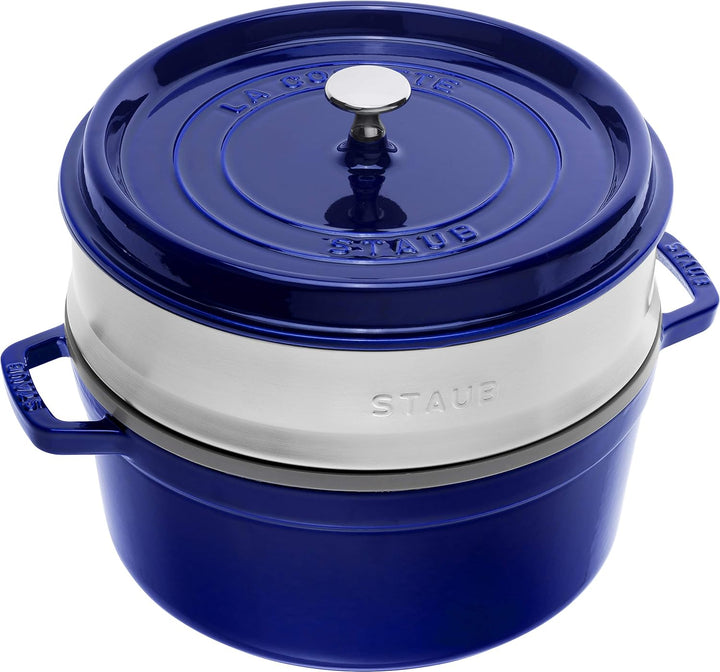 STAUB Gusseisen Bräter/Cocotte, mit Dämpfeinsatz, Rund 26 cm, 5,2 L, Aromaregen Funktion, Für alle H