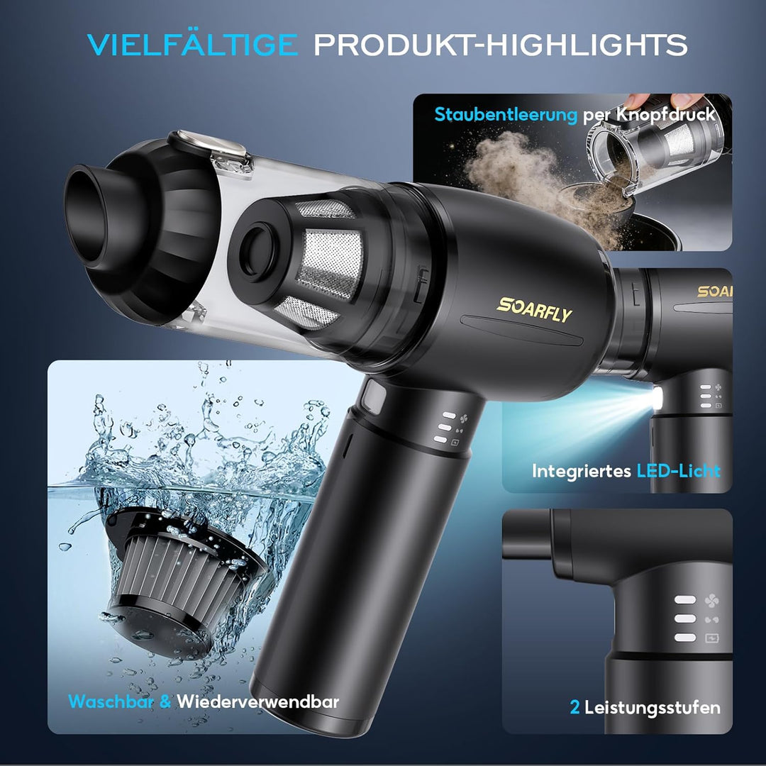 Handstaubsauger Akku, 25000Pa 4 in 1 Auto Mini Staubsauger Kabellos Stark mit LED Licht, 2-Gang Elek