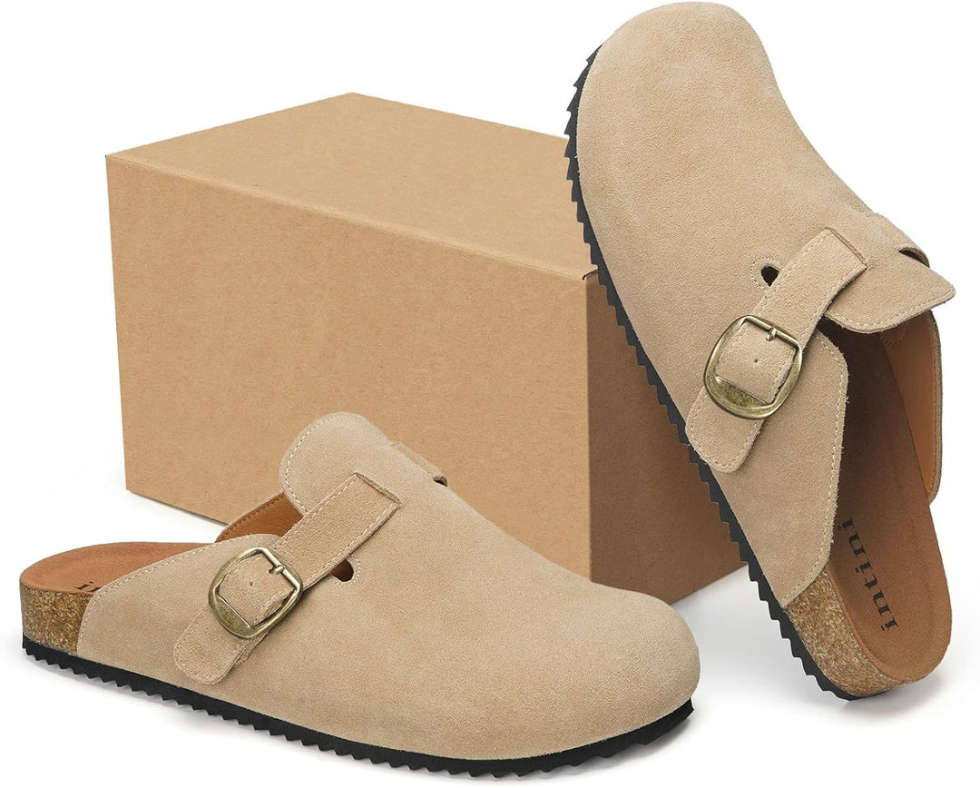 Intini Clogs Damen Herren Hausschuhe mit Fussbett Leder Pantoletten Gartenschuhe Geschlossene Bequem
