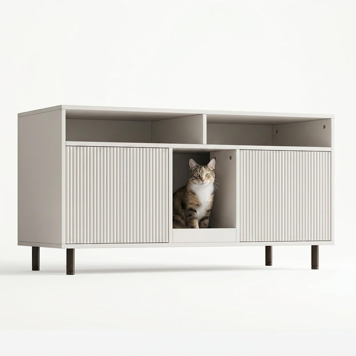 Katzenklo Schrank für 2 Katzen, Weiss, 120 x 50 x 66 cm | MDF, verstecktes Katzenklo Möbel, belüftet