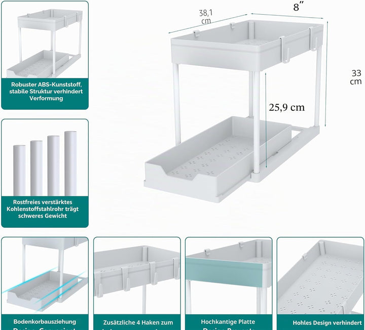 DEKAVA Küchen Organizer, 2 Unter Waschbecken Regal, Schrank Küchenorganizer mit 4 Haken, Schrankkorb