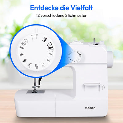 MEDION Nähmaschine SM70 (70 Watt, 12 verschiedene Stichmuster, LED Nählicht, einstellbare Stichlänge