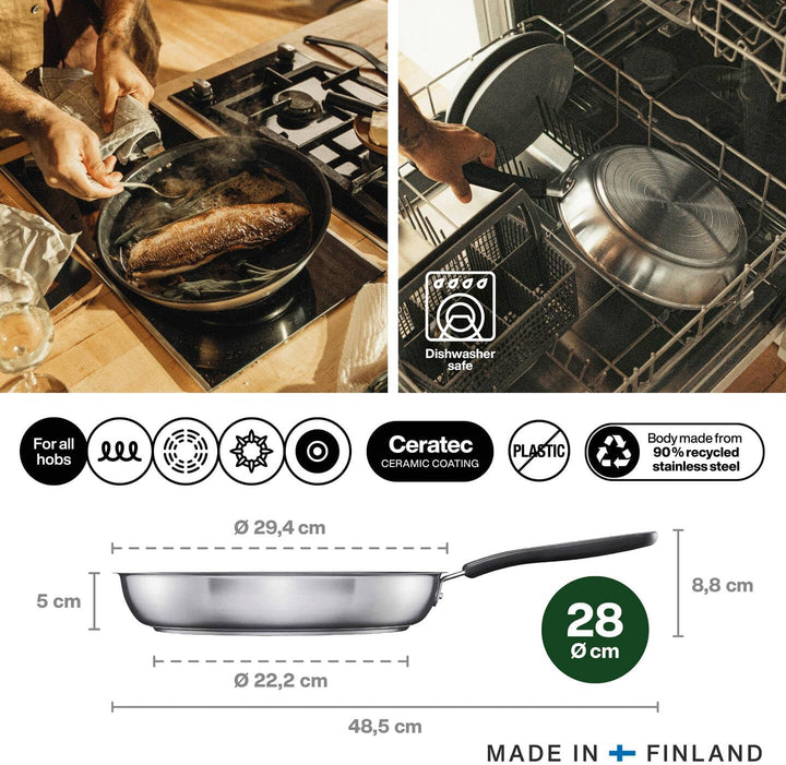 Fiskars Bratpfanne, Ø 28 cm, Beschichtete Pfanne, Für alle Kochfelder geeignet, Recycelter Edelstahl