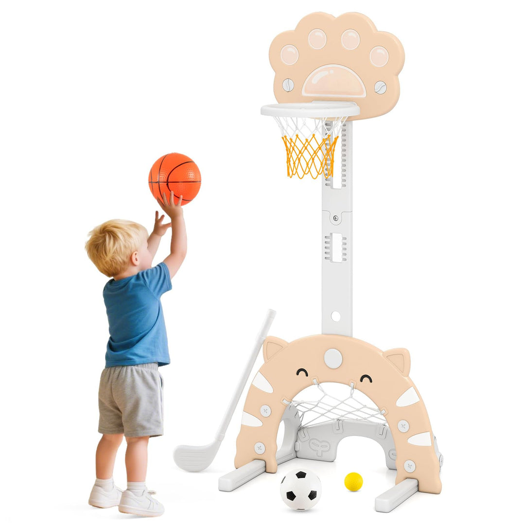 COSTWAY 3 in 1 Kinder Basketballkorb, Basketballständer mit Basketball &amp; Fussball &amp; Golfspiel, Indoo