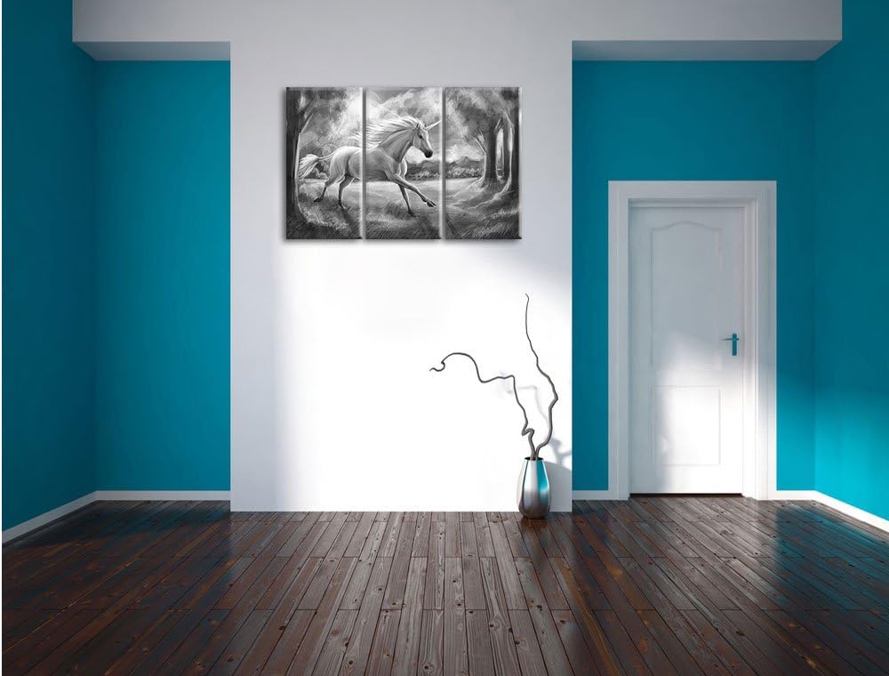 Pixxprint Einhorn im Wald bei Sonnenuntergang Kunst B&W 3-Teiler Leinwandbild 120x80 Bild auf Leinwa