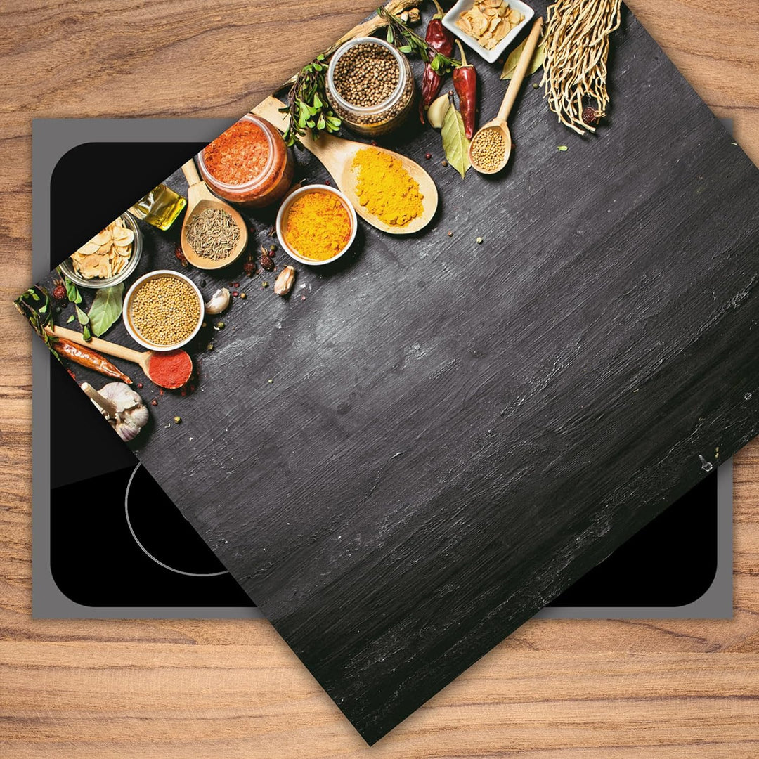 SmartDecoration Herdabdeckplatte Ceranfeldabdeckung aus Glas 60x52 cm Einteilig Motiv "Gewürze" Grau