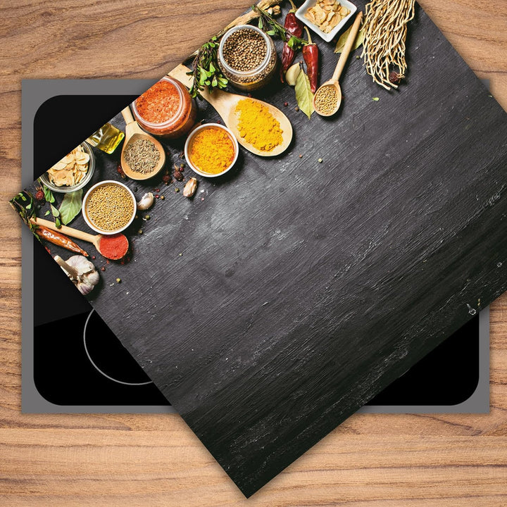 SmartDecoration Herdabdeckplatte Ceranfeldabdeckung aus Glas 60x52 cm Einteilig Motiv "Gewürze" Grau