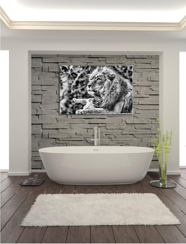Pixxprint Monocrome, liebevoller Löwe mit Jungtier, Format: 100x70 auf Leinwand, riesige Bilder fert