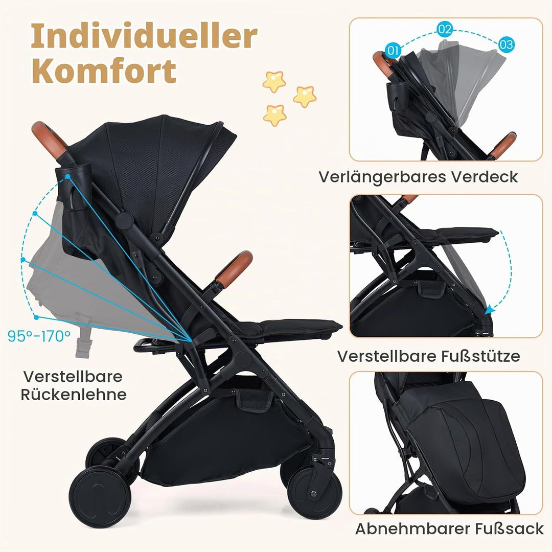 COSTWAY Kinderwagen klappbar mit Regenschutz, Reisebuggy mit verstellbarem Rückenlehne, Fussstütze,